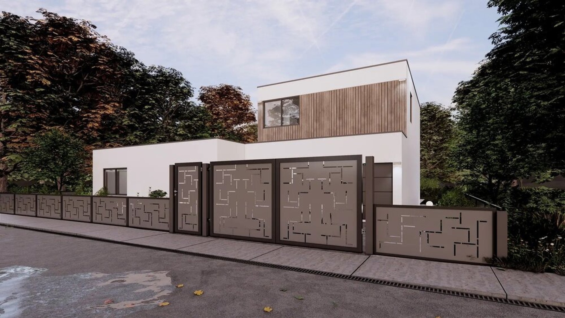 Moderný rodinný dom s ozdobným kovovým oplotením NARVI s geometrickým vzorom.